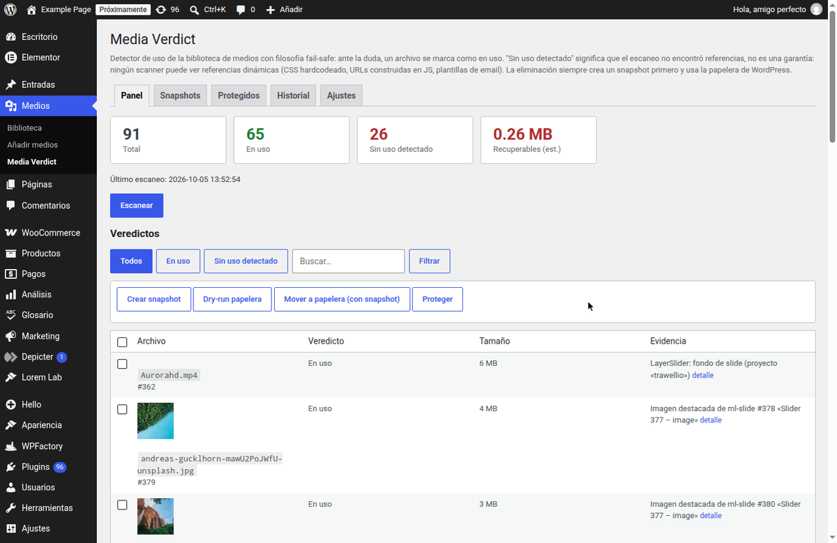 Media Verdict scan dashboard showing counters and a verdicts table with per-file evidence