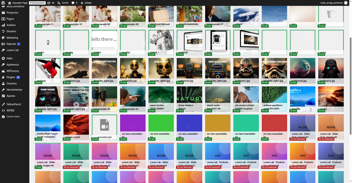 WordPress Media Library with Media Verdict green 'in use' and red 'no usage detected' frames on thumbnails